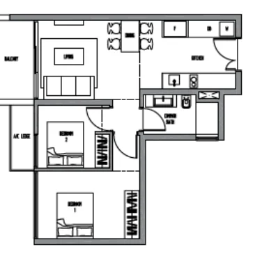 Sennett Residence floor plan, type B5: 2-Bedroom, 743 sq ft