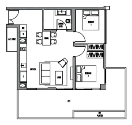 Sennett Residence floor plan, type B12G: 2-Bedroom, 1,033 sq ft