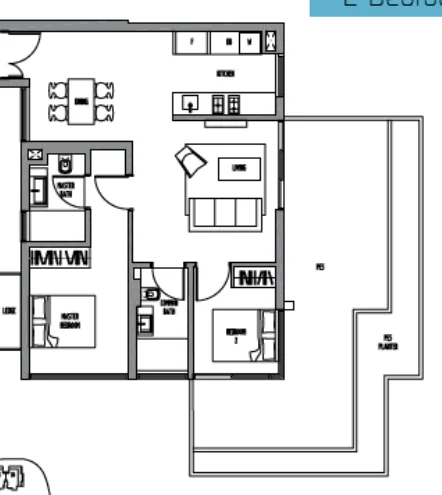Sennett Residence floor plan, type B14G: 2-Bedroom, 1,345 sq ft