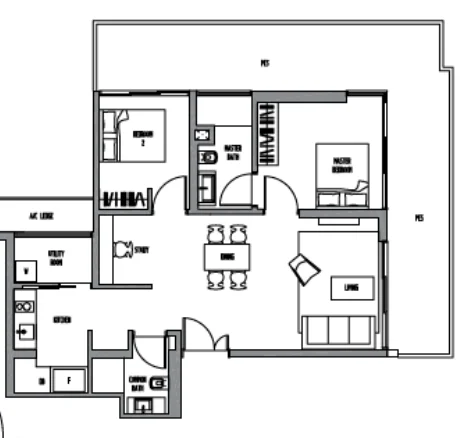 Sennett Residence floor plan, type B13SG: 2-Bedroom + Study, 1,260 sq ft