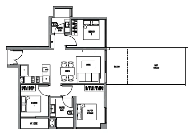 Sennett Residence floor plan, type C4: 3-Bedroom, 1,130 sq ft