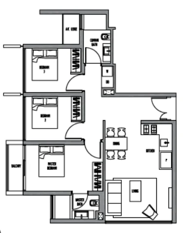 Sennett Residence floor plan, type C1: 3-Bedroom, 948 sq ft