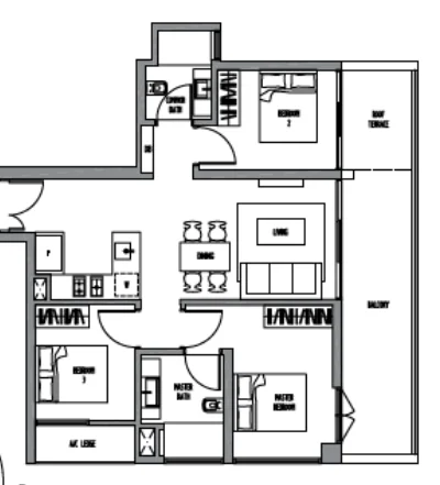 Sennett Residence floor plan, type C3: 3-Bedroom, 1,055 sq ft