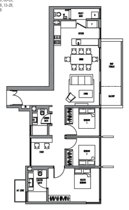 Sennett Residence floor plan, type C6S: 3-Bedroom + Study, 1,302 sq ft