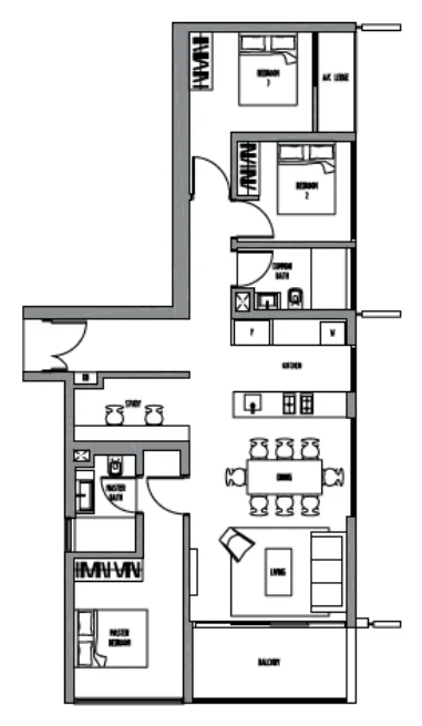 Sennett Residence floor plan, type C7S: 3-Bedroom + Study, 1,195 sq ft