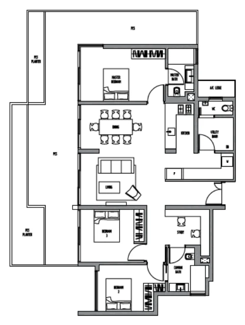 Sennett Residence floor plan, type C8SG: 3-Bedroom + Study, 2,077 sq ft