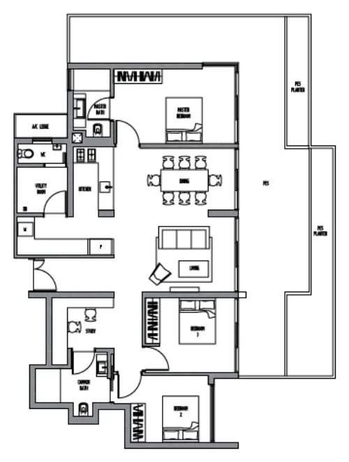 Sennett Residence floor plan, type C9SG: 3-Bedroom + Study, 2,077 sq ft