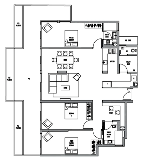 Sennett Residence floor plan, type C10SG: 3-Bedroom + Study, 2,358 sq ft