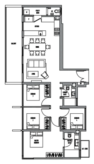 Sennett Residence floor plan, type D1: 4-Bedroom, 1,389 sq ft