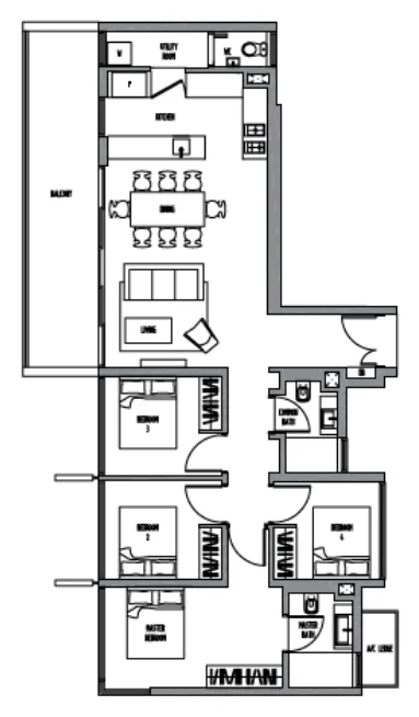 Sennett Residence floor plan, type D2: 4-Bedroom, 1,346 sq ft