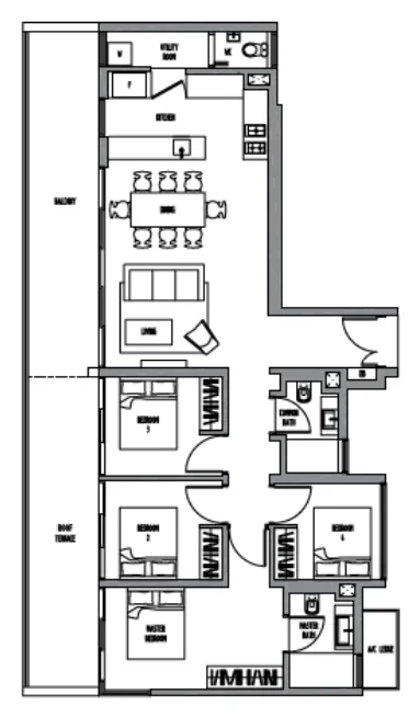 Sennett Residence floor plan, type D2a: 4-Bedroom, 1,528 sq ft