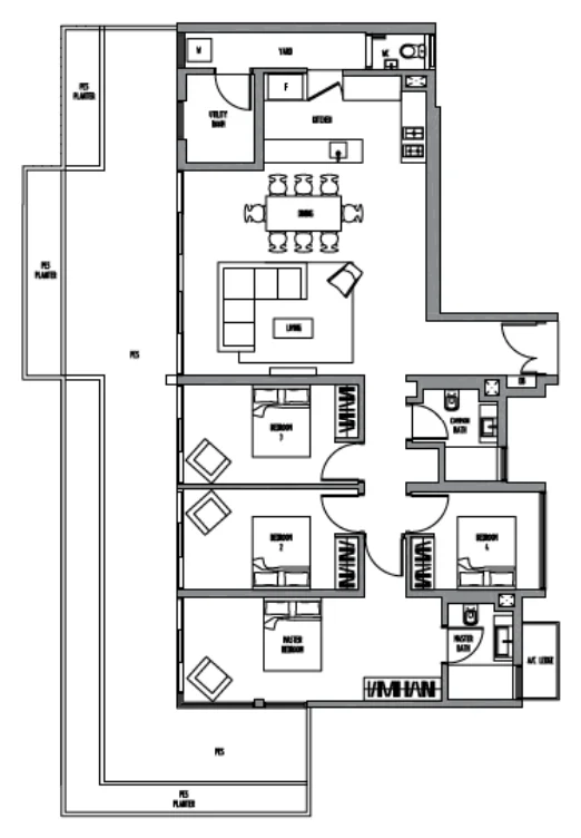 Sennett Residence floor plan, type D2G: 4-Bedroom, 2,358 sq ft