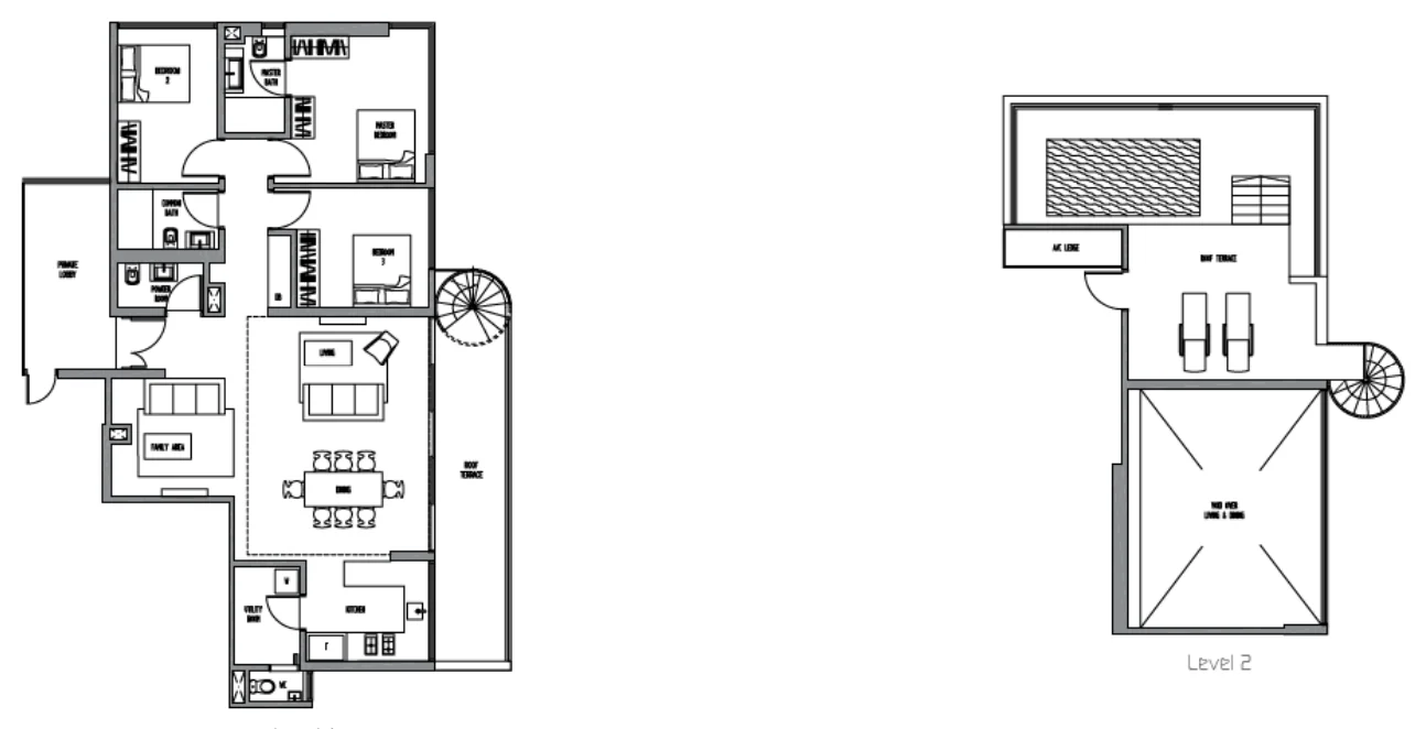 Sennett Residence floor plan, type PH1-3: Penthouse (3 to 6 bedrooms, two storeys), 2,637 sq ft