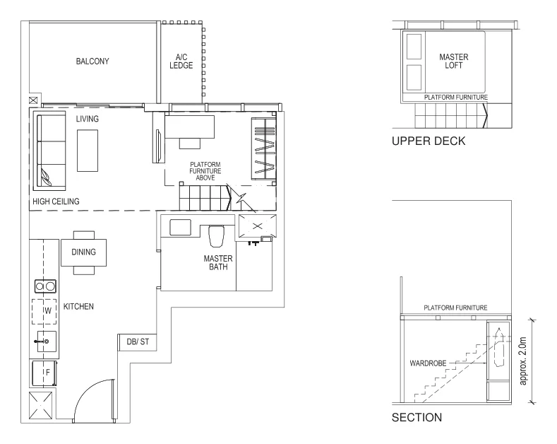 Sims Urban Oasis floor plan, type A1L-R: 1-Bedroom loft, 657 sq ft