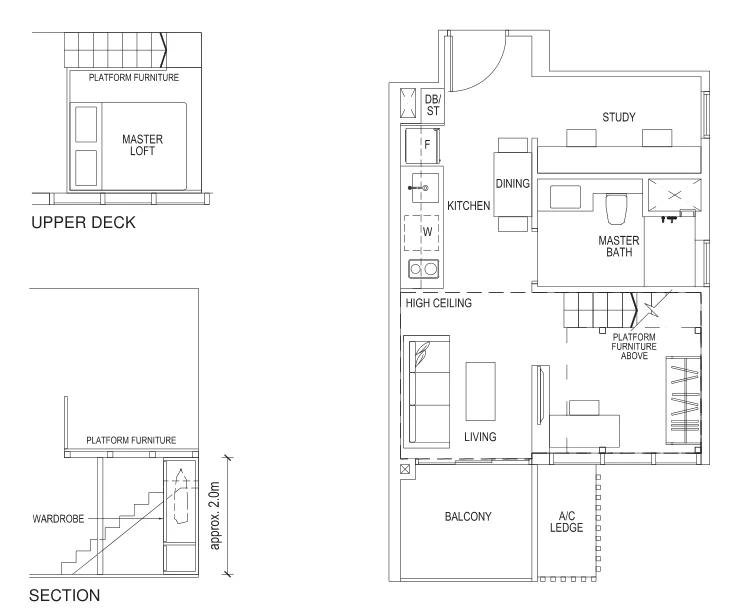 Sims Urban Oasis floor plan, type A2aL-R: 1-Bedroom loft, 635 sq ft