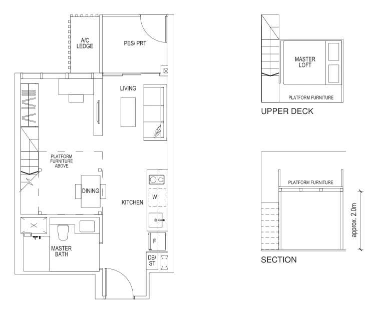 Sims Urban Oasis floor plan, type A2bL-P: 1-Bedroom loft, 463 sq ft