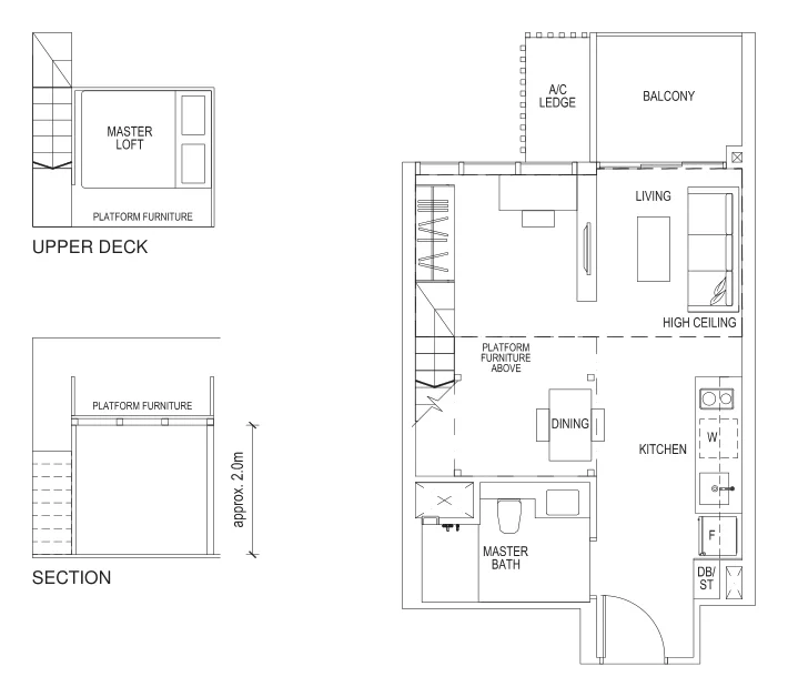 Sims Urban Oasis floor plan, type A2bL-R: 1-Bedroom loft, 614 sq ft