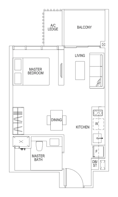 Sims Urban Oasis floor plan, type A2cL: 1-Bedroom loft, 463 sq ft