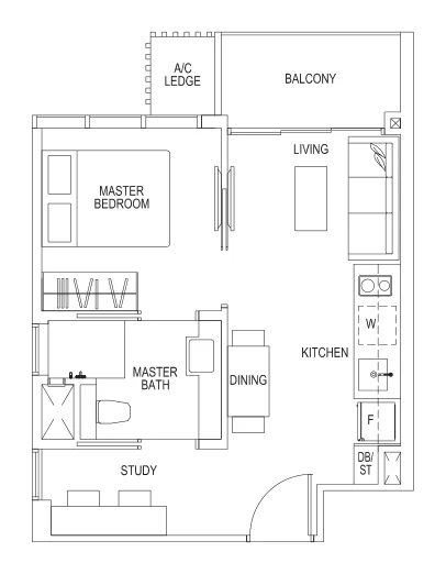 Sims Urban Oasis floor plan, type A3b: 1-Bedroom, 441 sq ft