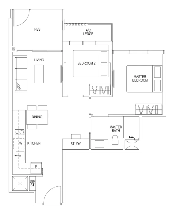 Sims Urban Oasis floor plan, type B1-P: 2-Bedroom, 678 sq ft