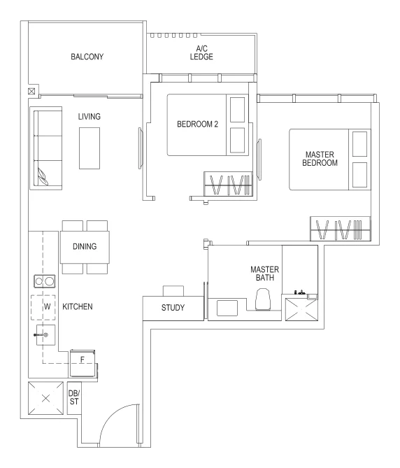 Sims Urban Oasis floor plan, type B1: 2-Bedroom, 667 sq ft