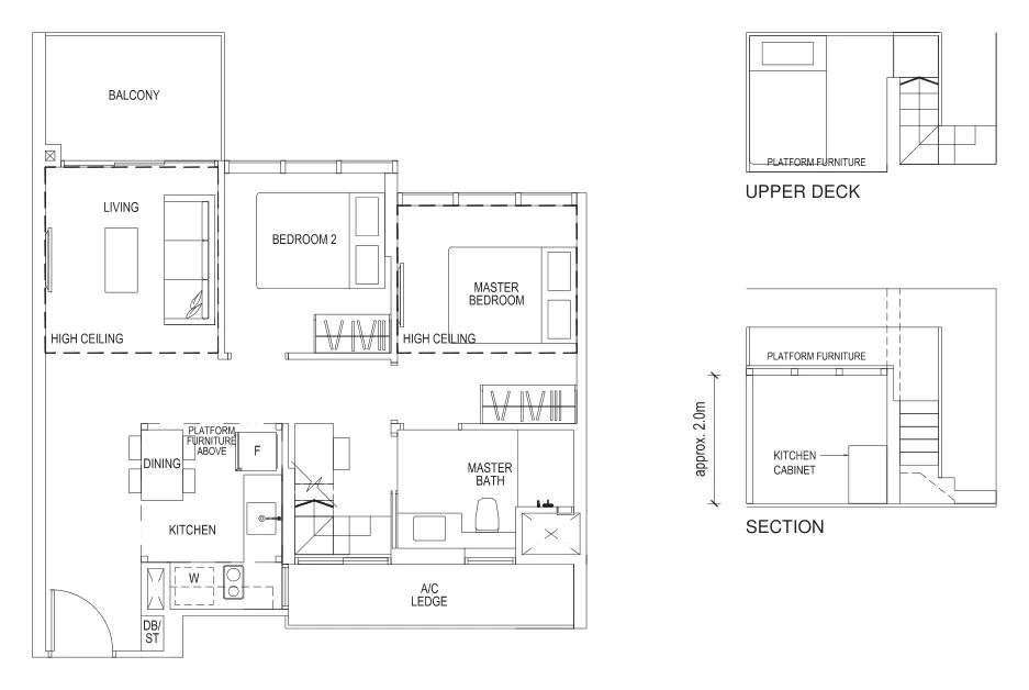 Sims Urban Oasis floor plan, type B1L-R: 2-Bedroom loft, 883 sq ft