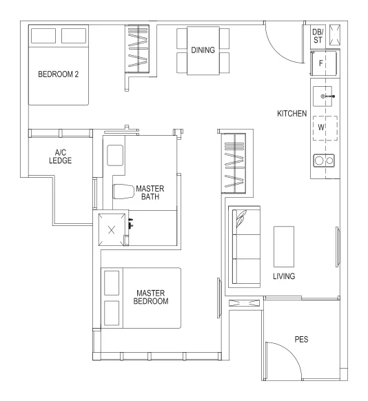 Sims Urban Oasis floor plan, type B2-P: 2-Bedroom, 624 sq ft