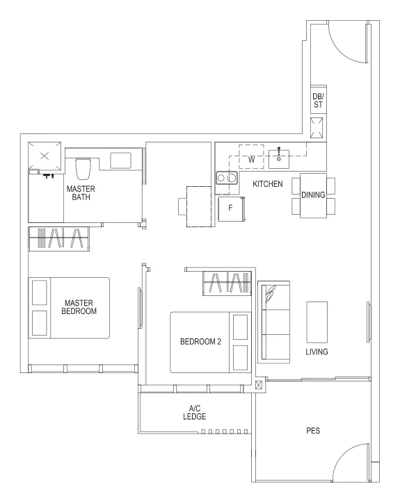 Sims Urban Oasis floor plan, type B2L-P: 2-Bedroom loft, 710 sq ft