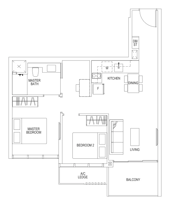 Sims Urban Oasis floor plan, type B2L: 2-Bedroom loft, 700 sq ft