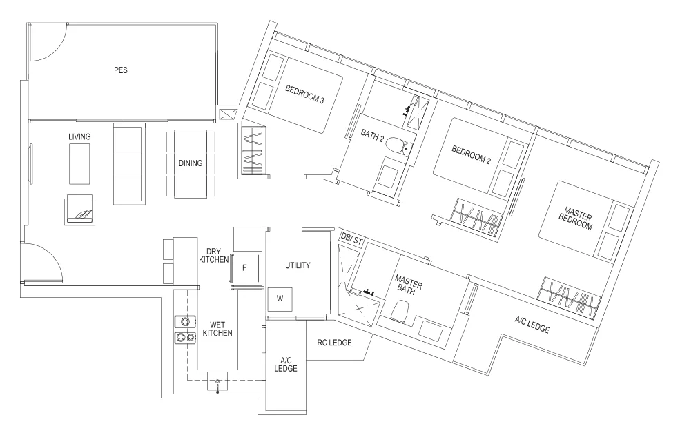 Sims Urban Oasis floor plan, type C1-P: 3-Bedroom, 1,066 sq ft