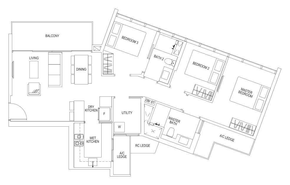 Sims Urban Oasis floor plan, type C1: 3-Bedroom, 1,033 sq ft