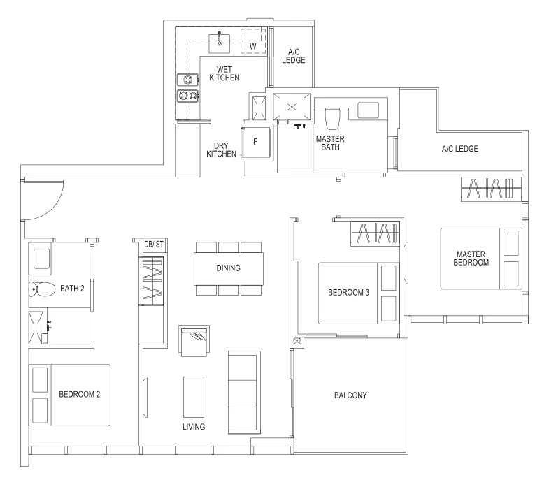 Sims Urban Oasis floor plan, type C2: 3-Bedroom, 1,023 sq ft