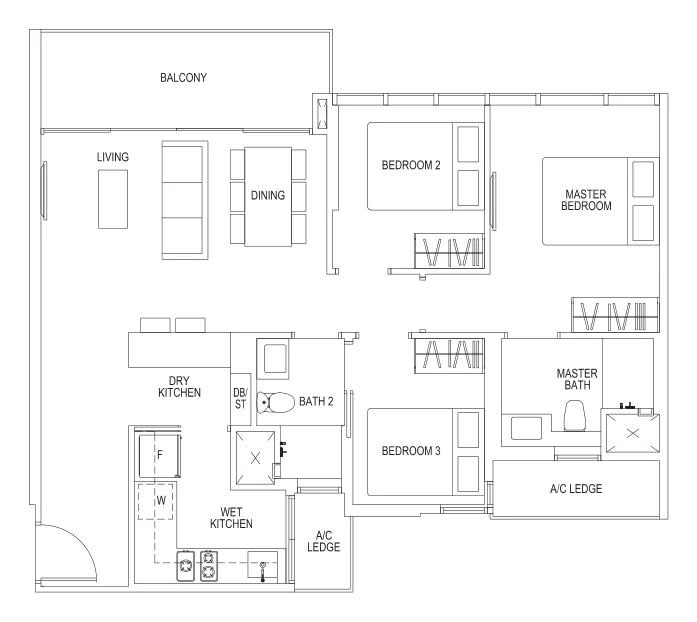 Sims Urban Oasis floor plan, type C3: 3-Bedroom, 958 sq ft