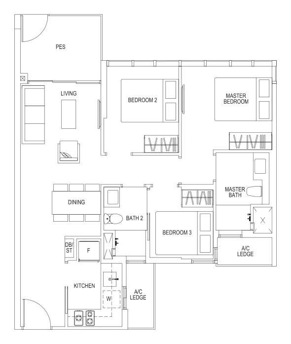 Sims Urban Oasis floor plan, type Cc1-P: 3-Bedroom, 829 sq ft