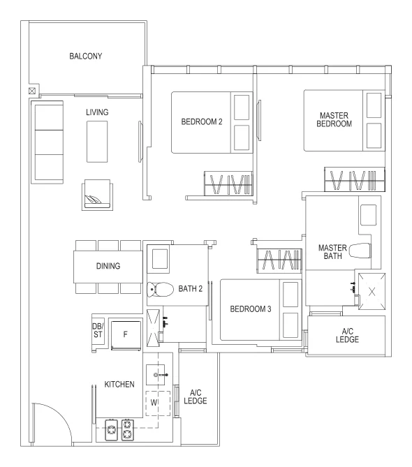 Sims Urban Oasis floor plan, type Cc1: 3-Bedroom, 818 sq ft