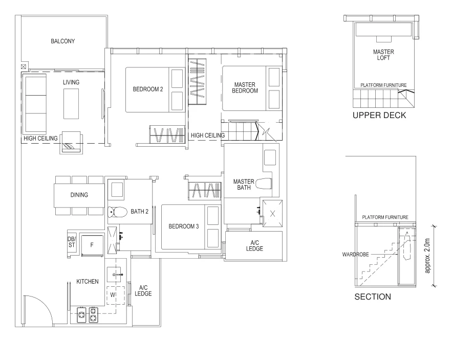 Sims Urban Oasis floor plan, type Cc1-R: 3-Bedroom, 1,001 sq ft