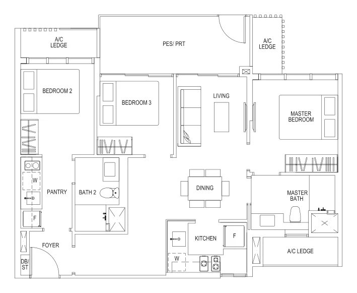 Sims Urban Oasis floor plan, type Cc2-DK-P: 3-Bedroom dual key, 958 sq ft