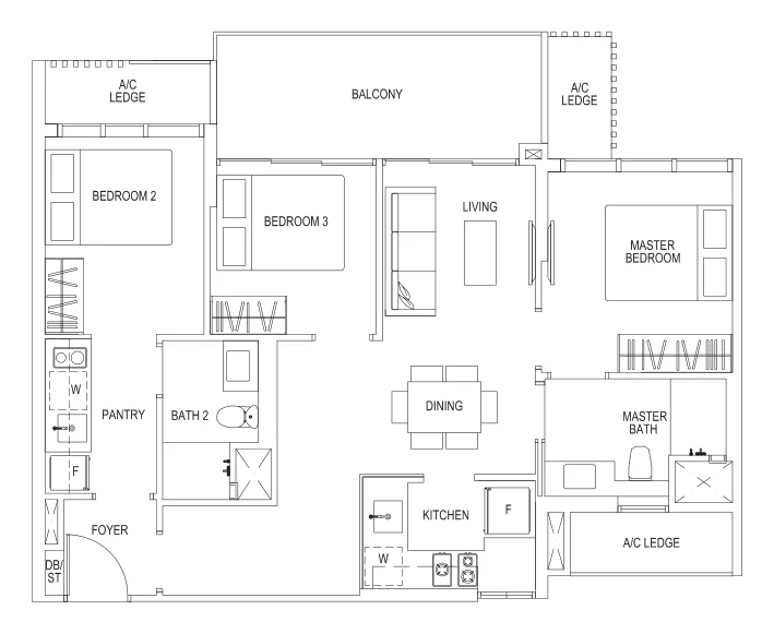 Sims Urban Oasis floor plan, type Cc2-DK: 3-Bedroom dual key, 958 sq ft