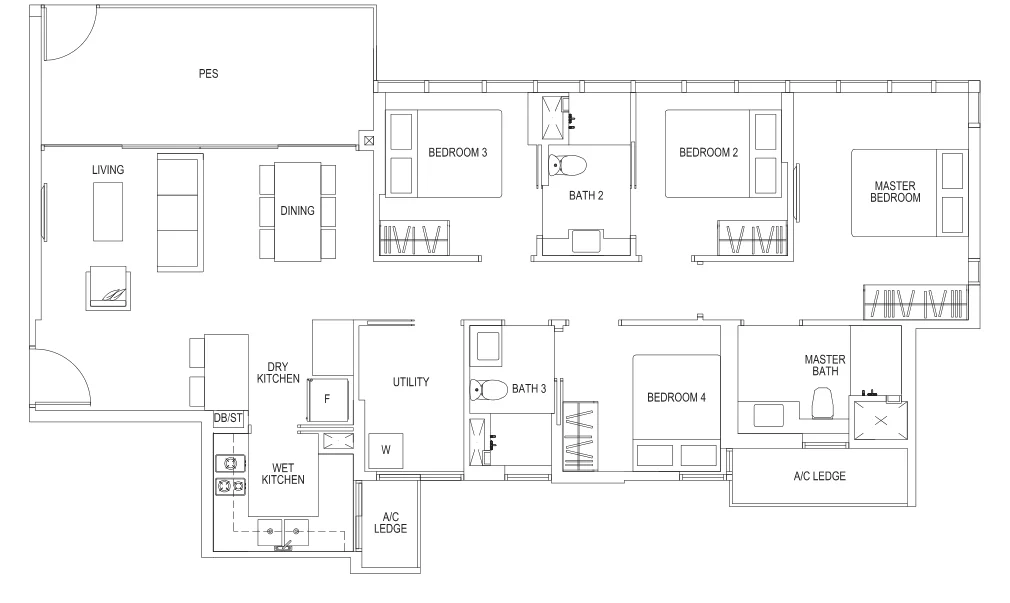 Sims Urban Oasis floor plan, type D1-P: 4-Bedroom, 1,249 sq ft