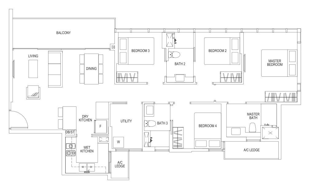 Sims Urban Oasis floor plan, type D1: 4-Bedroom, 1,206 sq ft