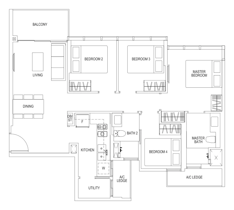 Sims Urban Oasis floor plan, type Dc1: 4-Bedroom, 990 sq ft