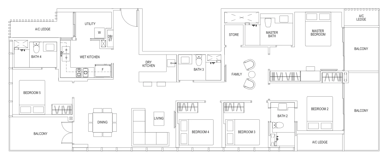 Sims Urban Oasis floor plan, type E1: 5-Bedroom, 1,733 sq ft