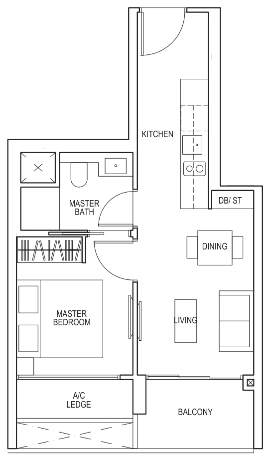 Sky Everton floor plan, type A1: 1-Bedroom, 463 sq ft
