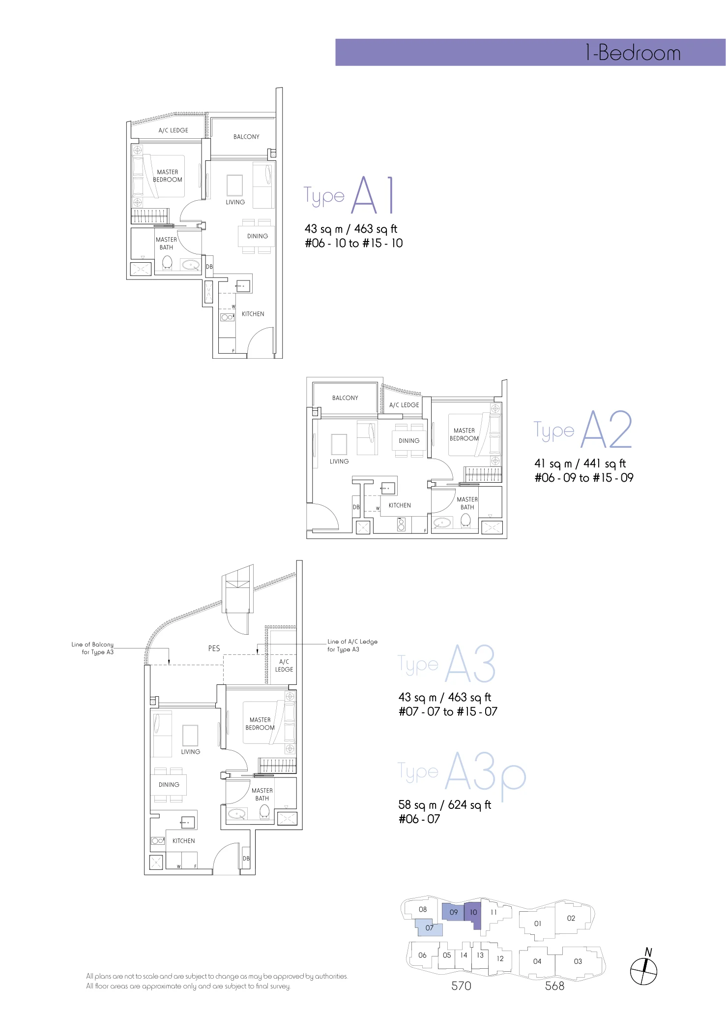Sky Green floor plan, type A2: 1-Bedroom, 441 sq ft