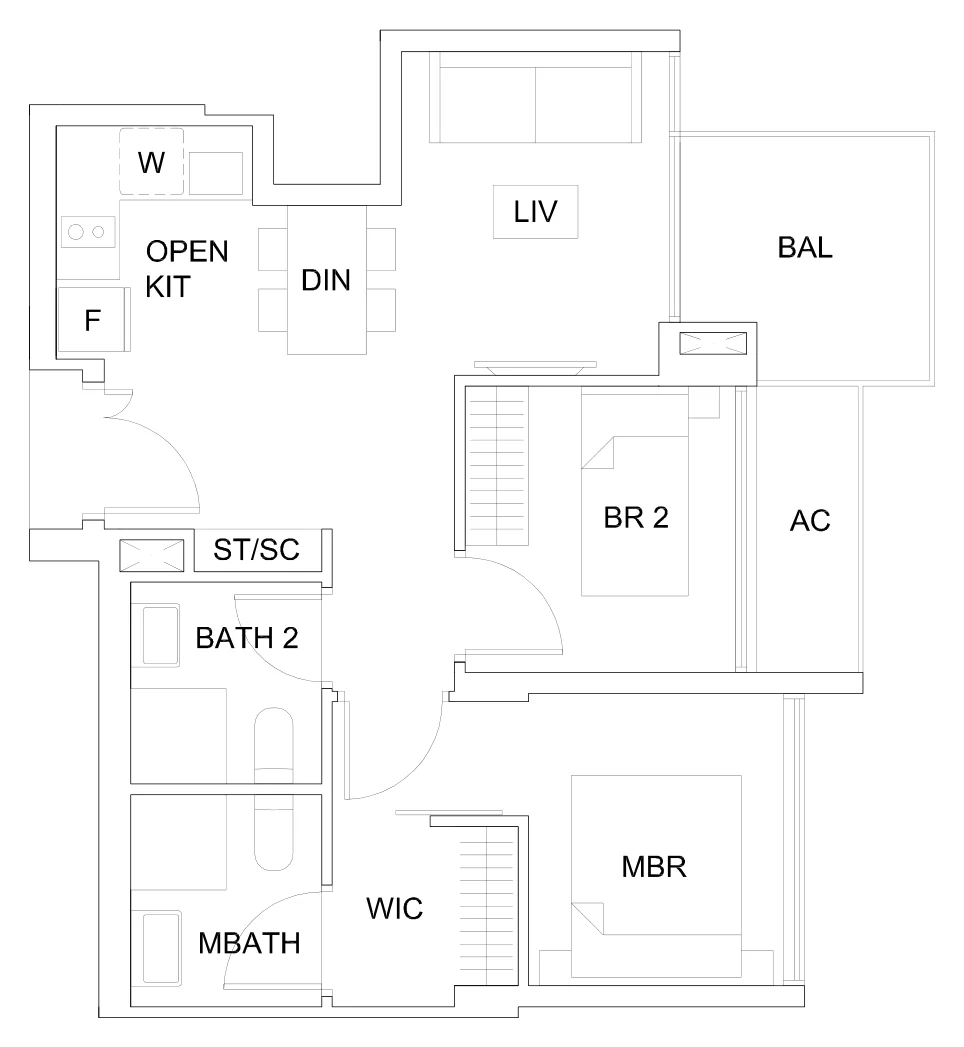 Sky Vue floor plan, type B1a1(M): 2-Bedroom, 678 sq ft