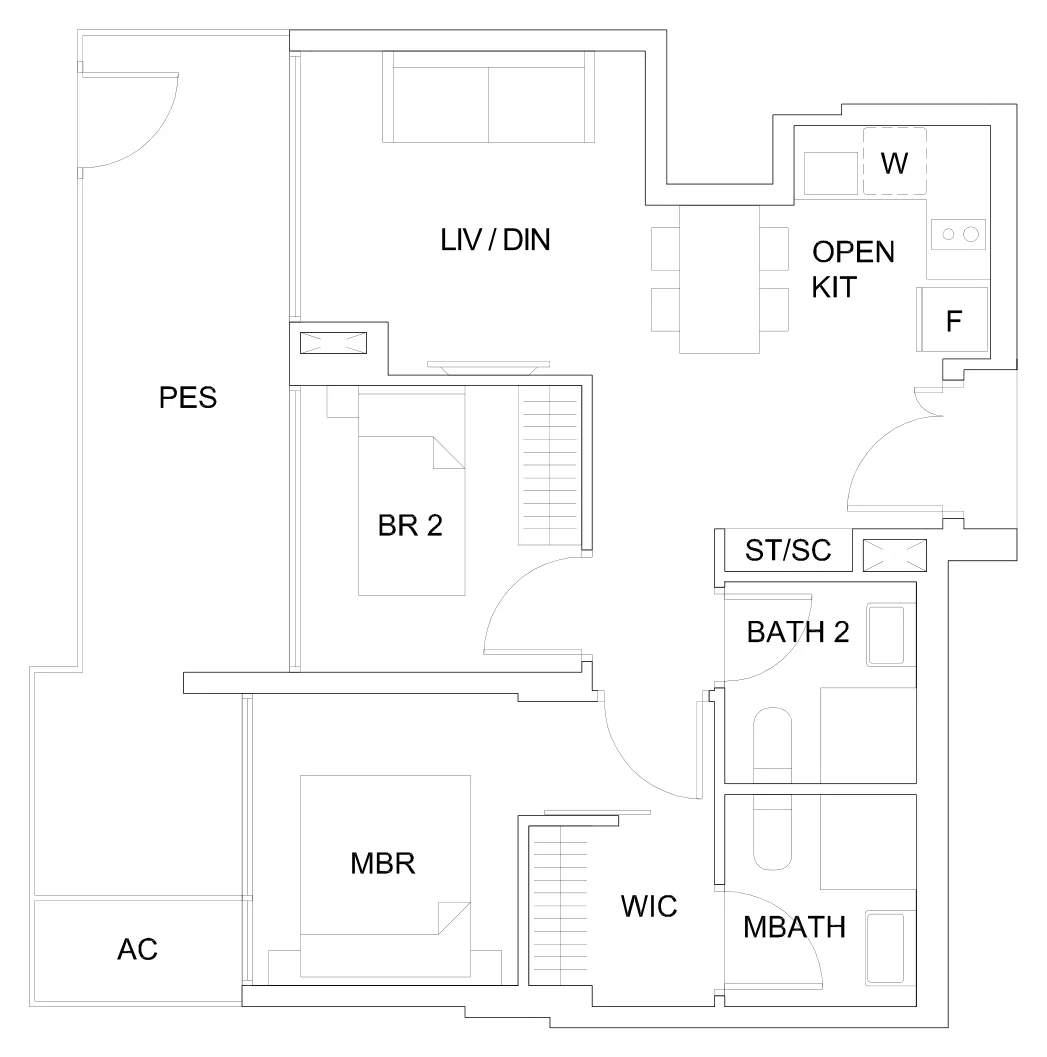 Sky Vue floor plan, type B1a1(P): 2-Bedroom, 807 sq ft