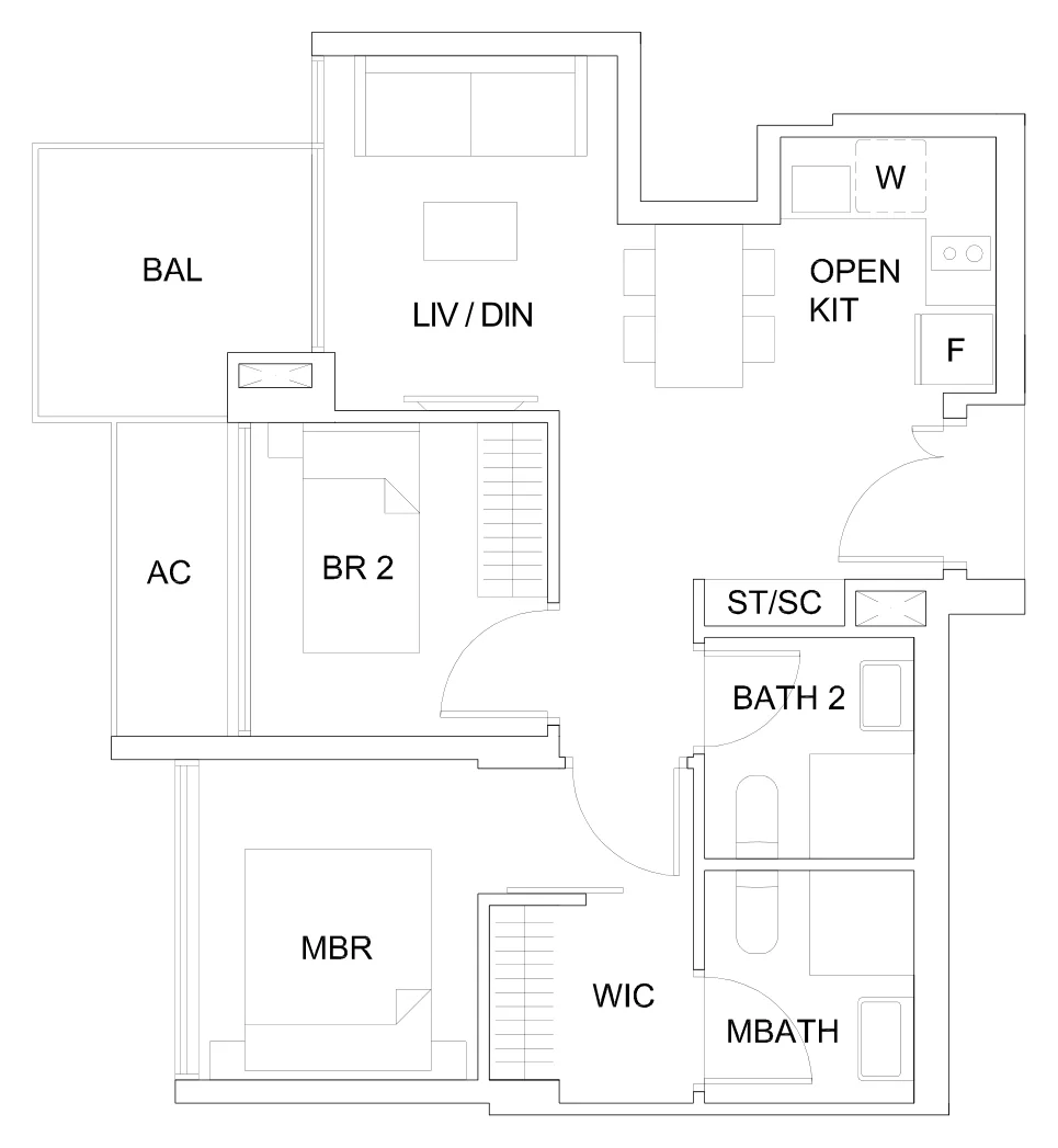 Sky Vue floor plan, type B1a1: 2-Bedroom, 678 sq ft