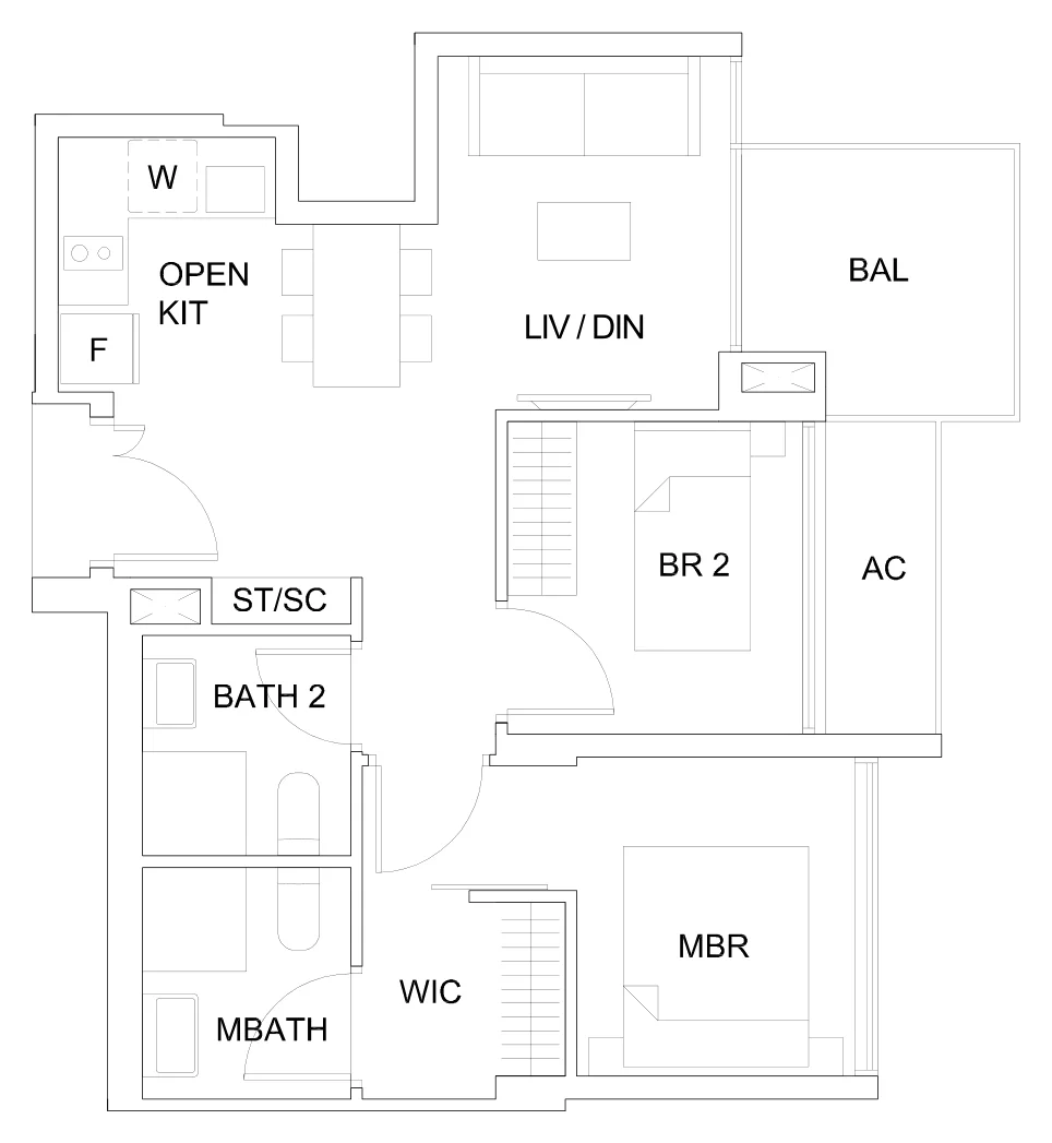 Sky Vue floor plan, type B1a2(M): 2-Bedroom, 678 sq ft