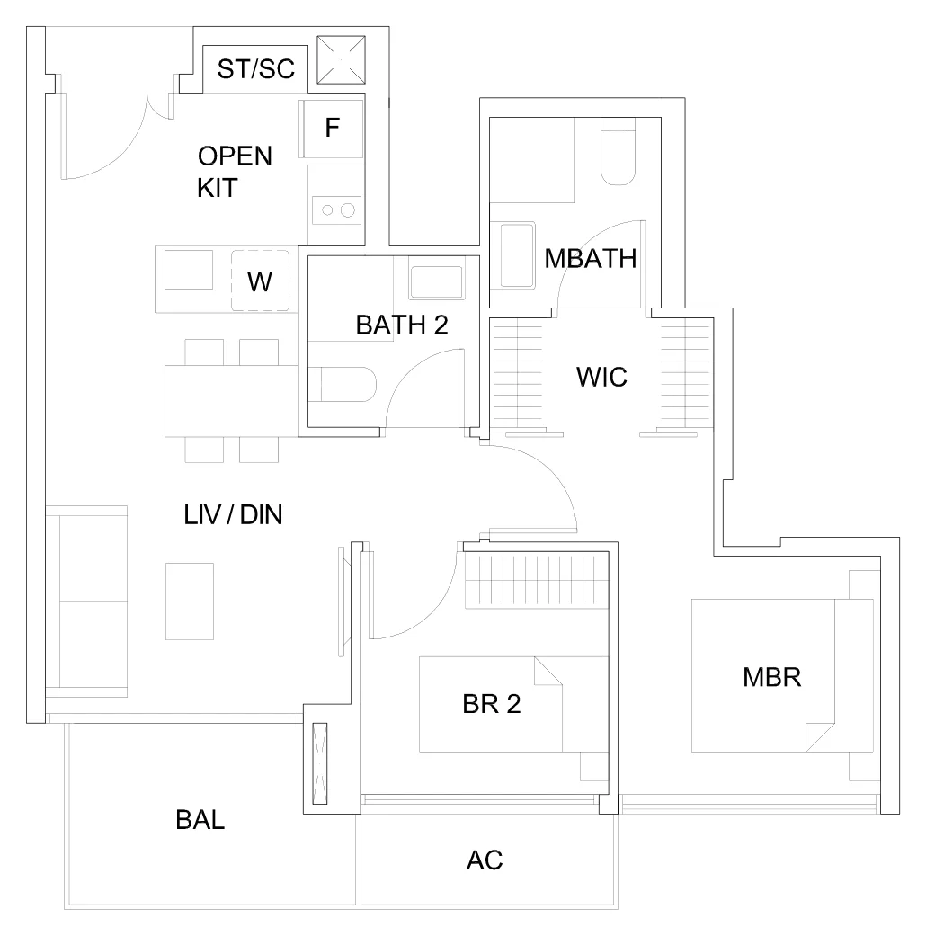 Sky Vue floor plan, type B1b(M): 2-Bedroom, 678 sq ft