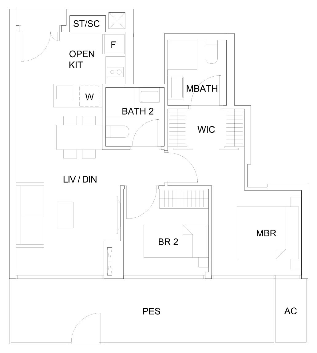 Sky Vue floor plan, type B1b(P)(M): 2-Bedroom, 807 sq ft